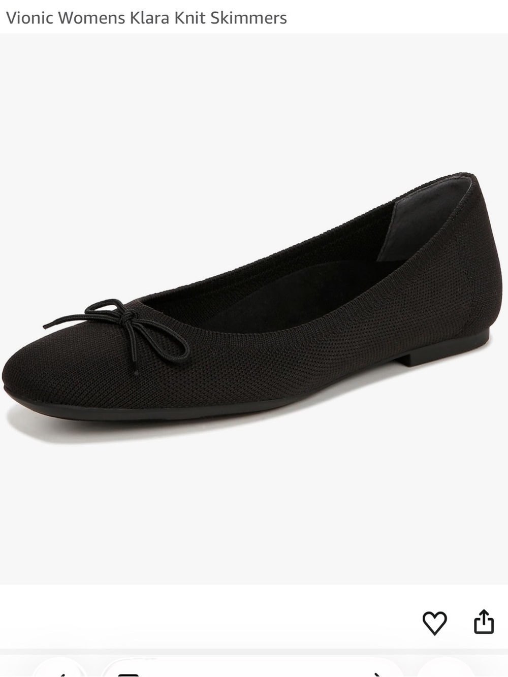 Vionic Klara Black Knit Square Toe Ballet Flats with Bow size 7